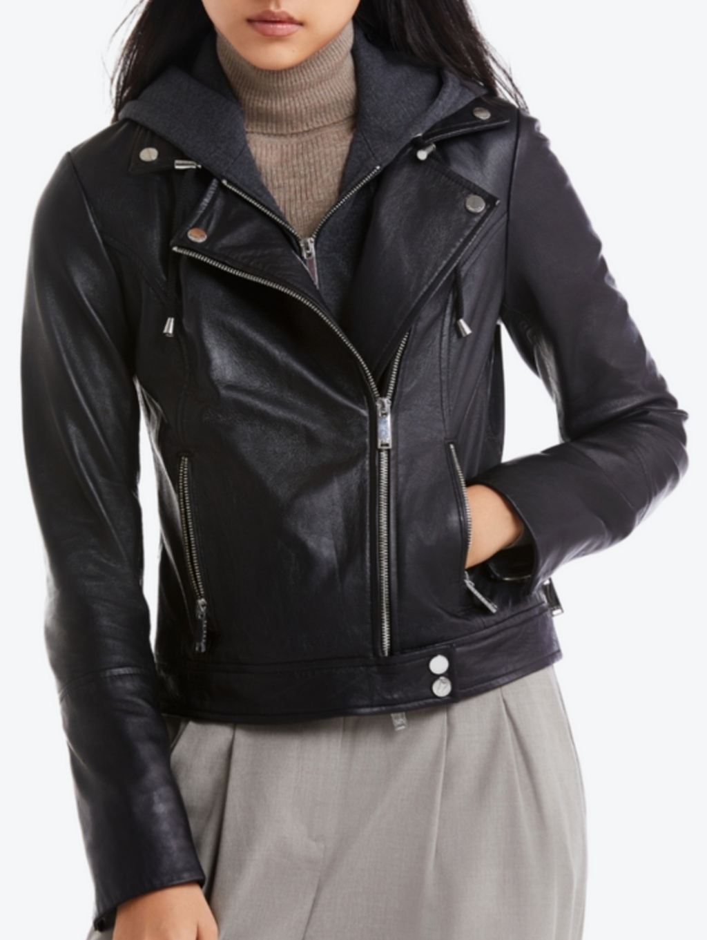 Danier 3xs Black Leather Moto Jacket With Removable Hoodie